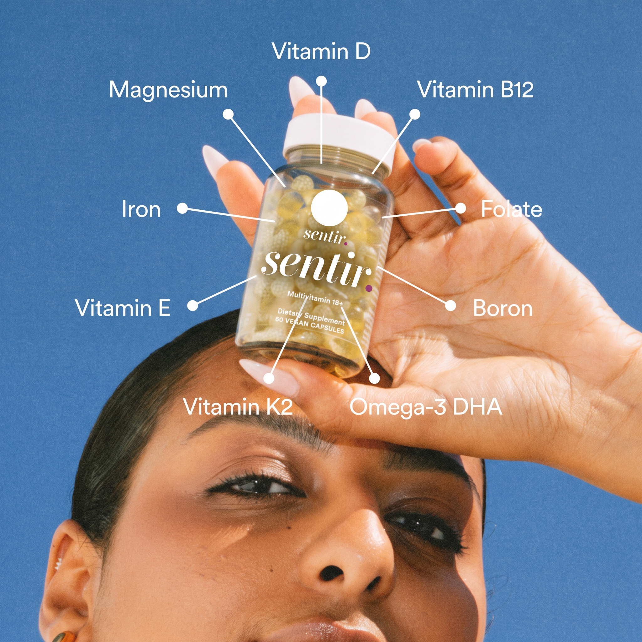 Sentir multivitamin bottle with labeled nutrients