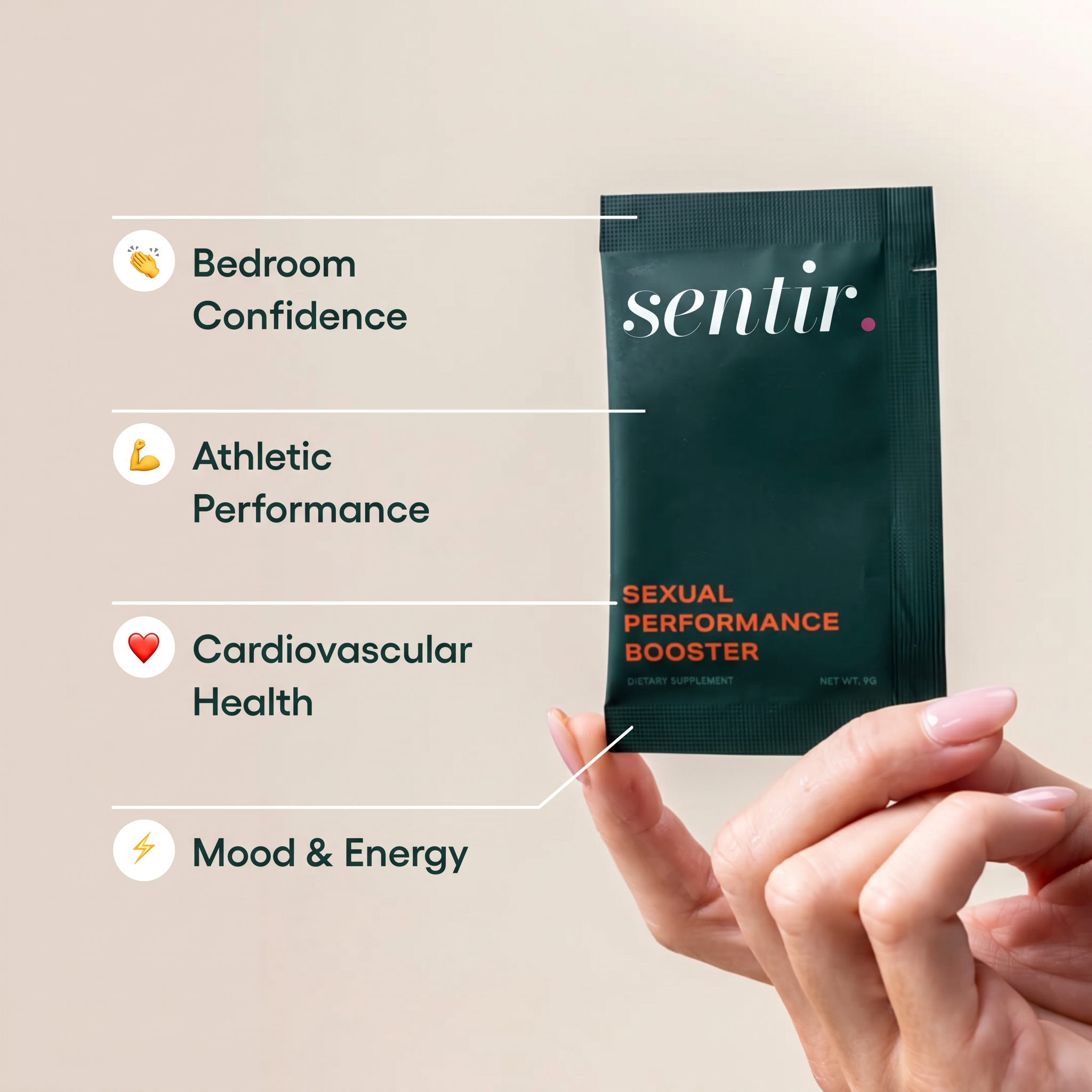 Hand holding a Sentir performance booster sachet